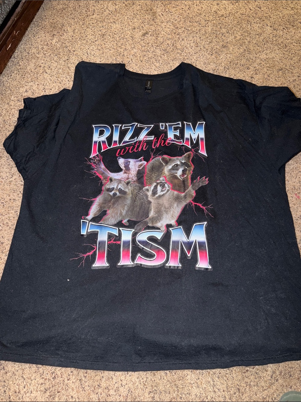 Black Graphic Tee "Rizz 'Em with the Tism" with Raccoon Design